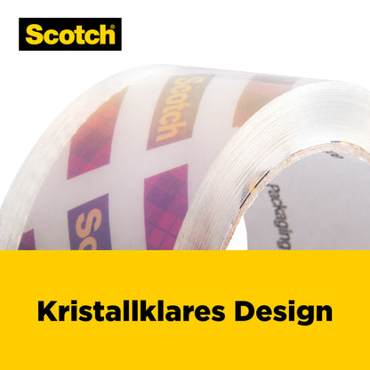 Eine Nahaufnahme einer Rolle Scotch® Box Lock™ Verpackungsklebeband (48 mm x 20,3 m) der 3M Deutschland GmbH, auf der das Logo zu sehen ist. Unter dem Band befindet sich ein gelbes Banner mit der Aufschrift "Kristallklares Design" in schwarzen Buchstaben.