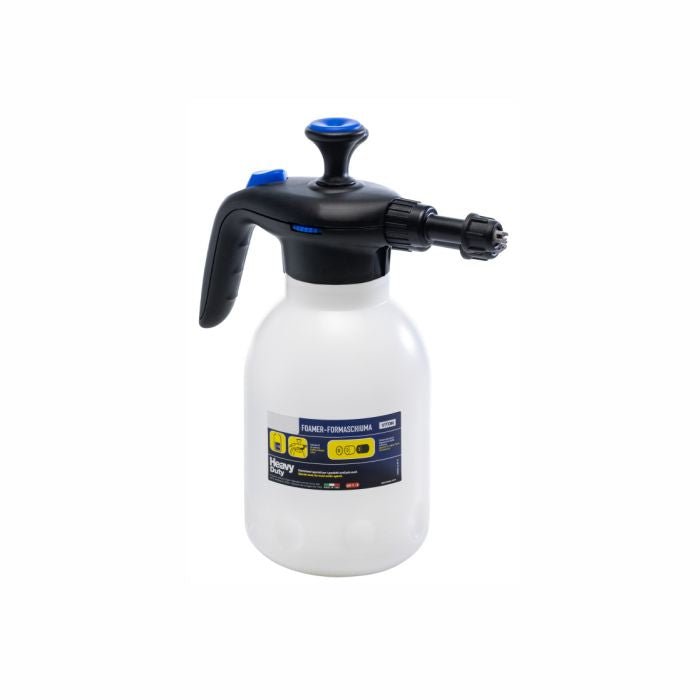 The Arcora Arspray Tec-Two Foamer Spray Bottle 2000 ml (Blue-Black, Viton = Acid) from Arcora International GmbH is a handheld pressure sprayer, ideal for professional cleaning or disinfection, depicted with text/icons on a white container.