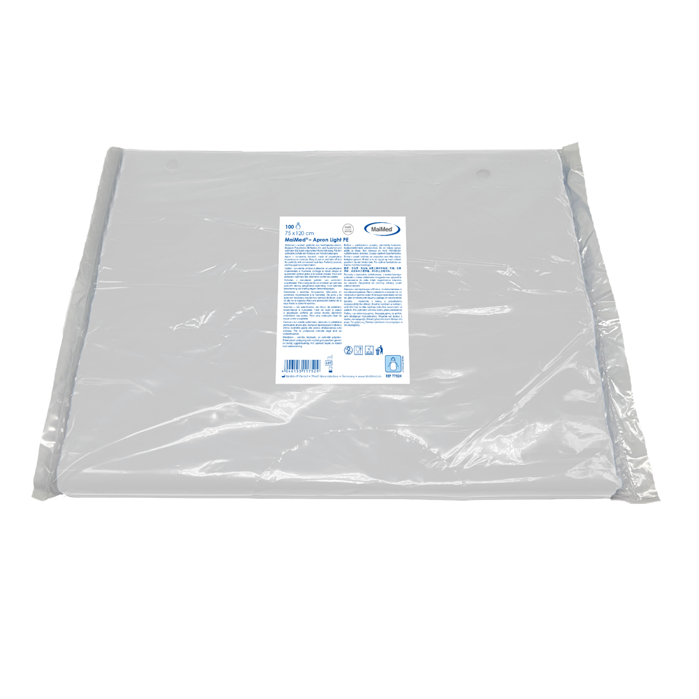 Corpoideachas Solas Naprúin MaiMed, naprún déanta as PE 75x120cm bán, 100 píosa/pacáiste, blocáilte, dromchla mín | Pacáiste (100 píosa)