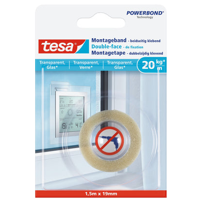 tesa Mounting Tape for Transparent Surfaces and Glass, up to 20 kg/m, 1.5 m x 19 mm