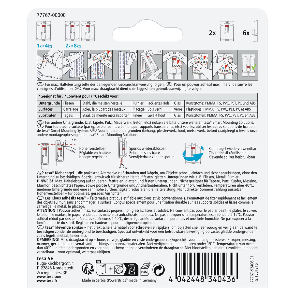 tesa Adjustable Adhesive Nail for Tiles and Metal, White, up to 4 kg