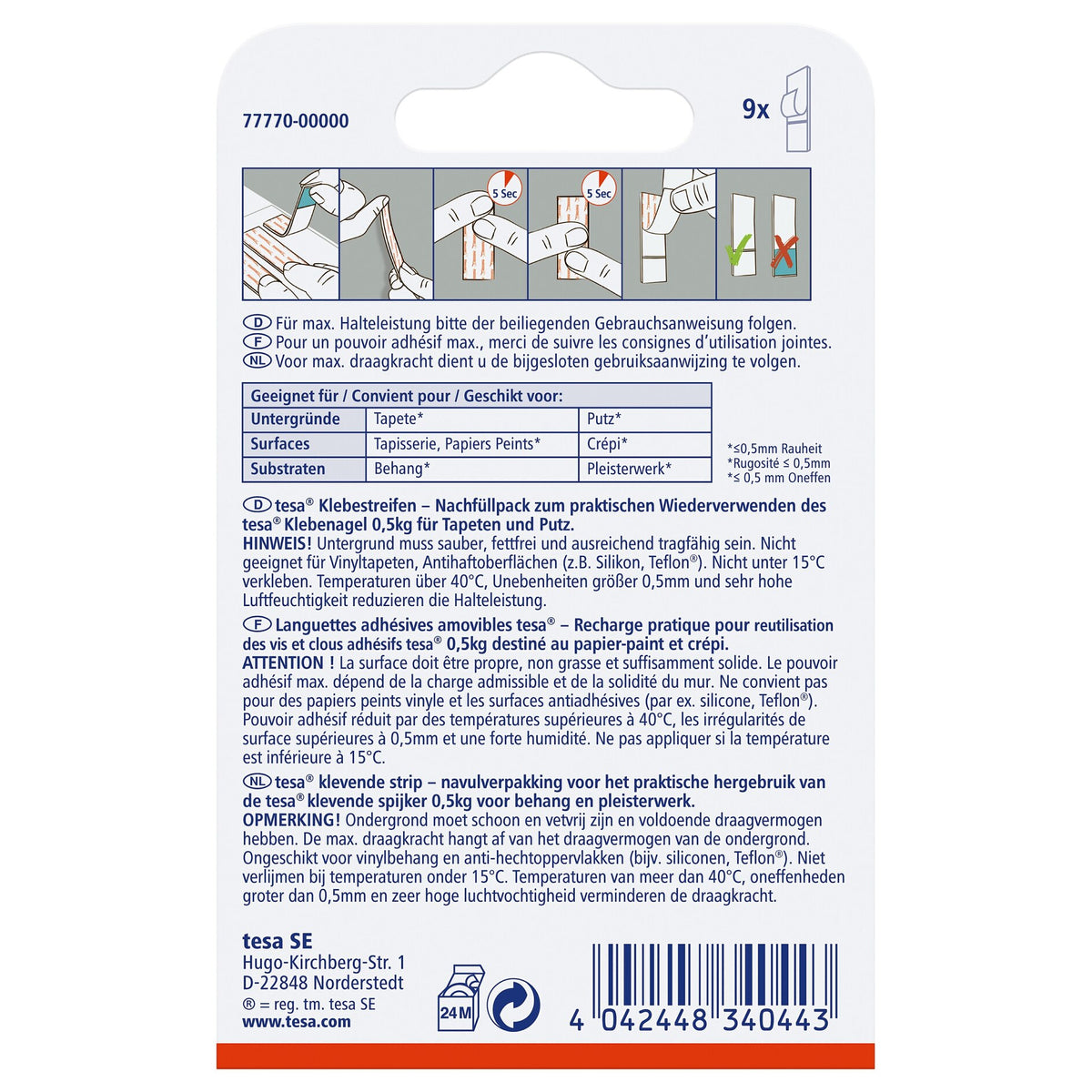 tesa Adhesive Tape for Wallpaper and Plaster, White, up to 0.5 kg