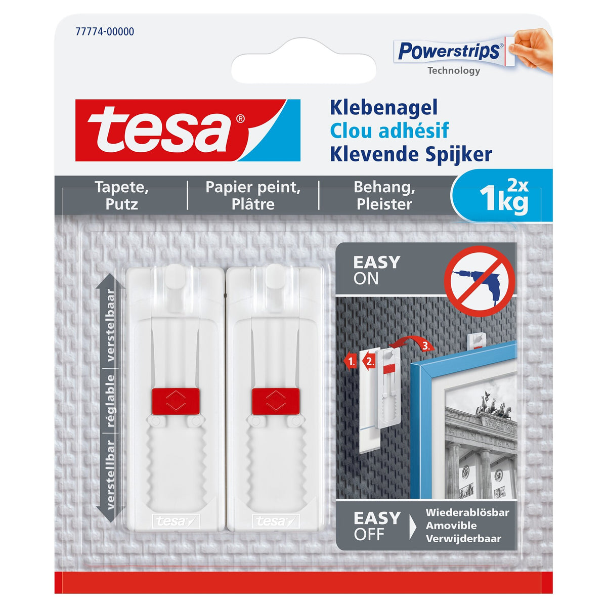 tesa Adjustable Adhesive Nail for Wallpaper and Plaster, Blue, up to 1 kg
