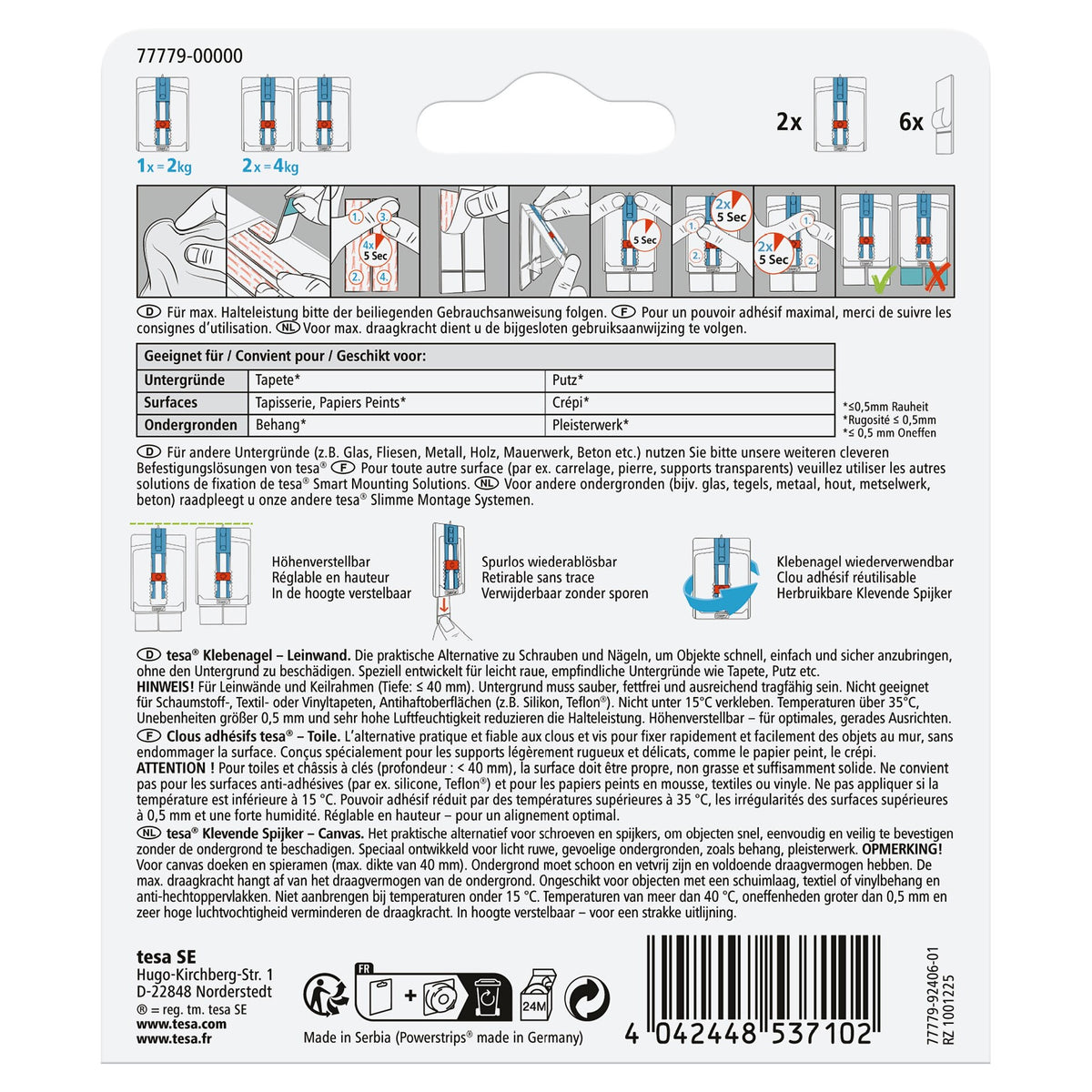 tesa Adhesive Nail for Wallpaper & Plaster, White, up to 2 kg