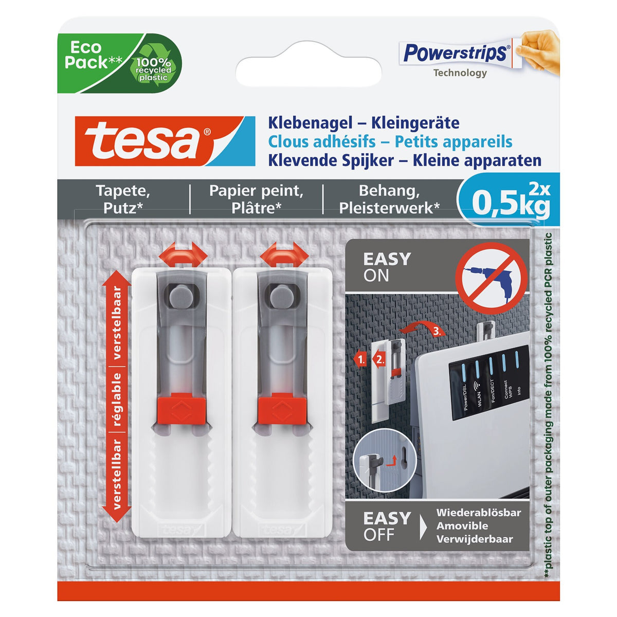 tesa Adhesive Nailer for Wallpaper & Plaster, Small, White, up to 0.5 kg