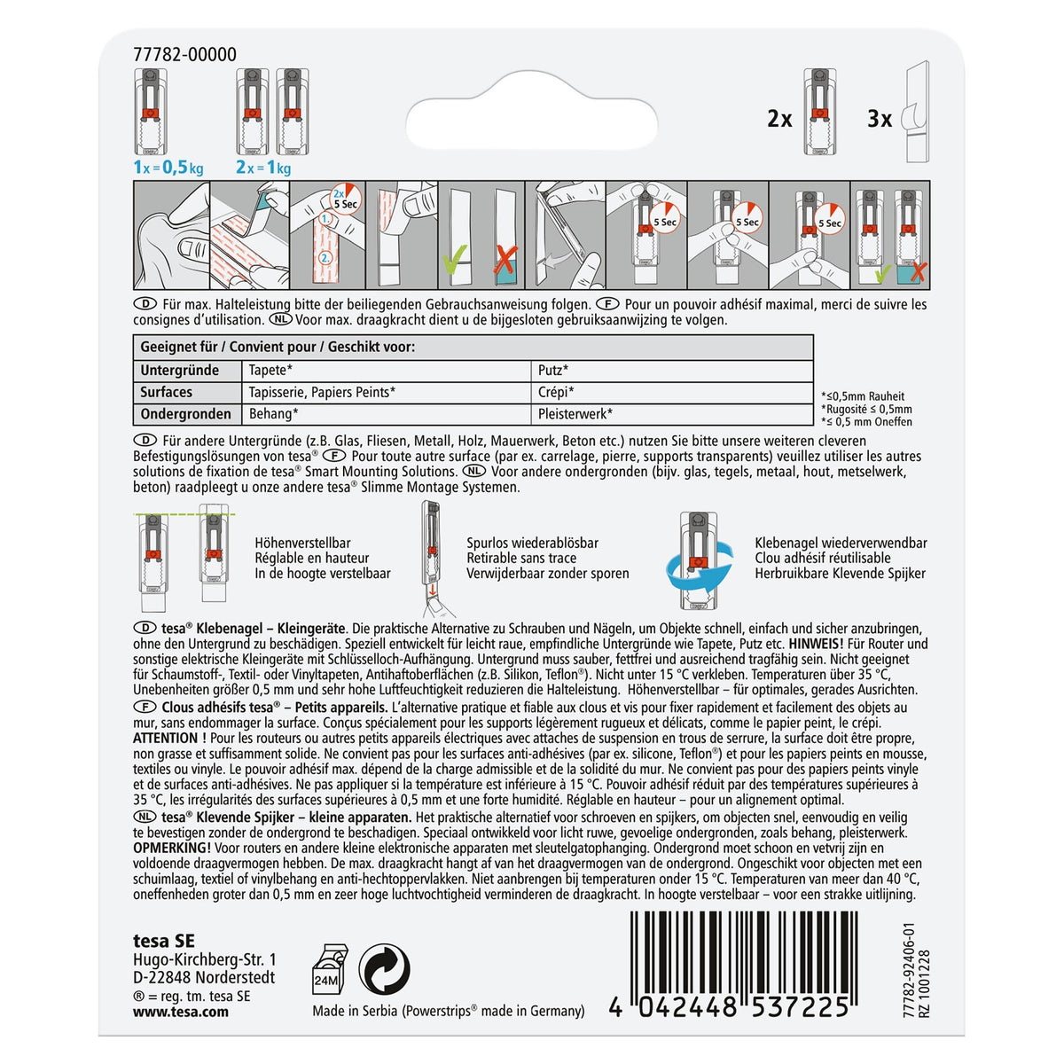tesa Adhesive Nailer for Wallpaper & Plaster, Small, White, up to 0.5 kg