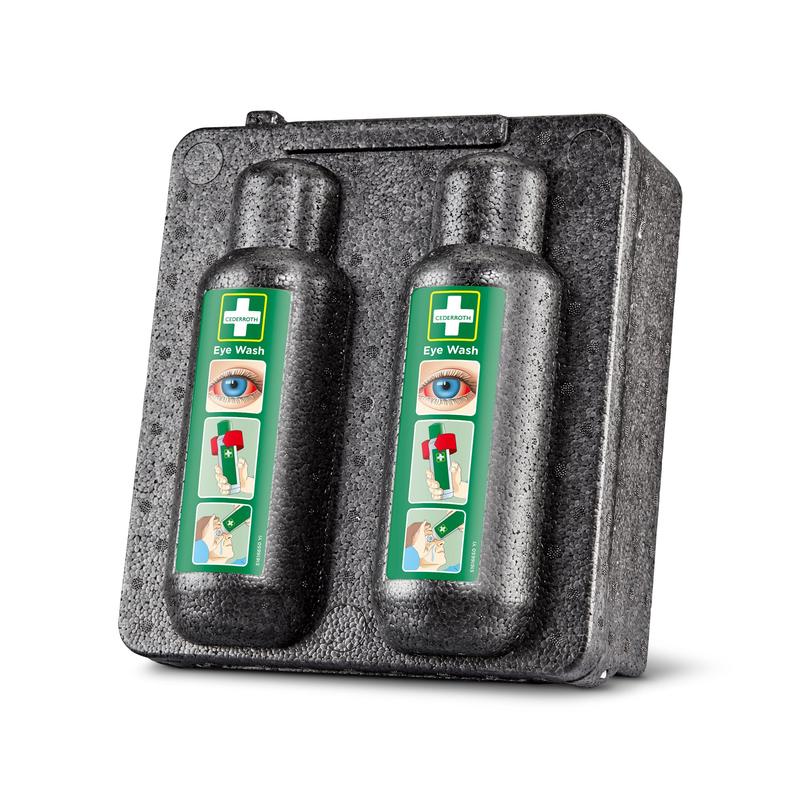 Tá dhá bhuidéal sruthlaithe súl le lipéid phictiúrtha ghlasa sa phacáiste Orkla Wound Care AB 500x2 (1 phacáiste) agus soláthraíonn sé stóráil shábháilte agus rochtain thapa le haghaidh garchabhrach ar ghortuithe súl i gcásanna éigeandála.