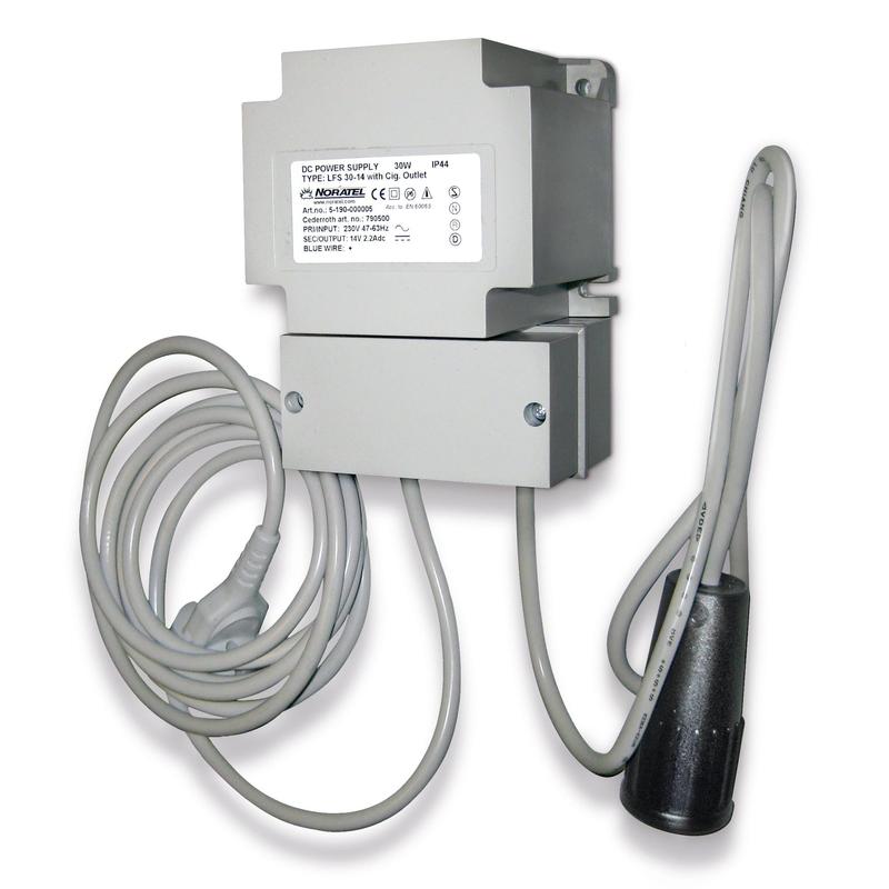 The Orkla Wound Care AB Trafo 14.0 V DC for warming cabinet (REF 790400) is a wall-mounted power supply with fixed cables, a black cylindrical plug, and a nameplate on the rectangular gray housing. Delivered in a pack (box).