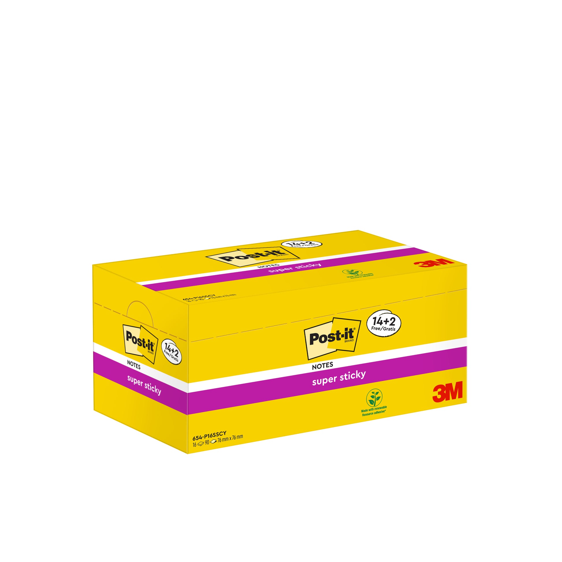 Eine gelbe Schachtel Post-it® Super Sticky Notes (76x76 mm) von 3M Deutschland GmbH, enthält 14 Blöcke plus 2 Gratisblöcke mit je 90 Blatt. Die Schachtel zeigt das Post-it- und das 3M-Logo und hat lila und weiße Akzente. PEFC-zertifiziert.
