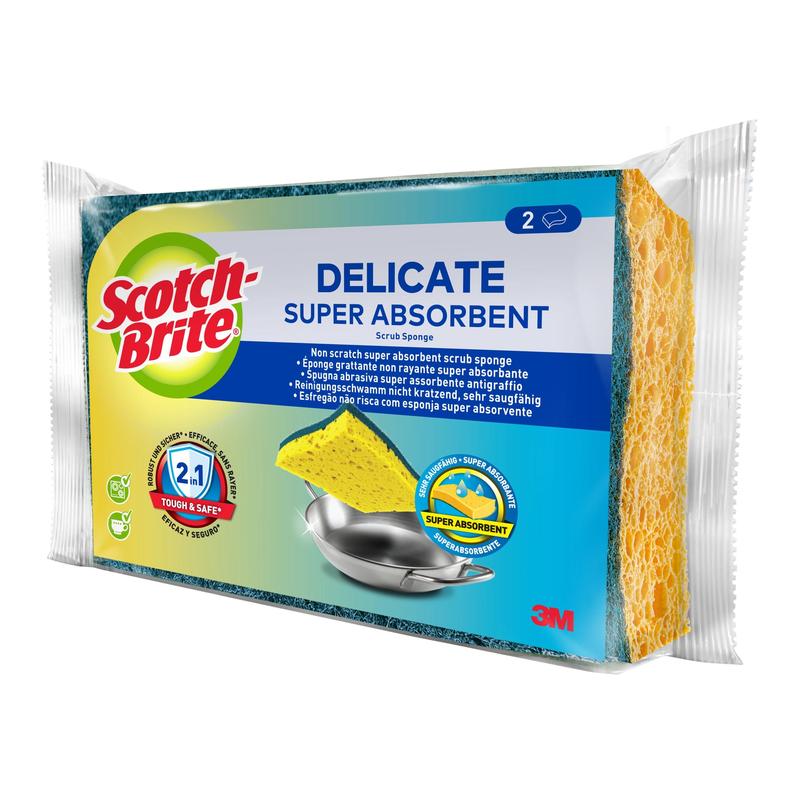 A pack of 3M Germany GmbH Scotch-Brite® Delicate non-scratch natural fiber cleaning sponge contains 2 super absorbent, non-scratch sponges and is ideal for delicate surfaces.