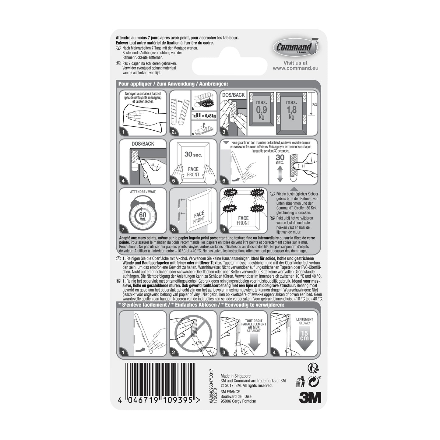 Die Rückseite der 3M Deutschland GmbH Kleine weiße Command™ Bilder-Montage Strips S 17202 Verpackung zeigt bebilderte Montage- und Entfernungshinweise, Sicherheitswarnungen, Produktinfos, Barcode und Firmendetails in mehreren Sprachen.