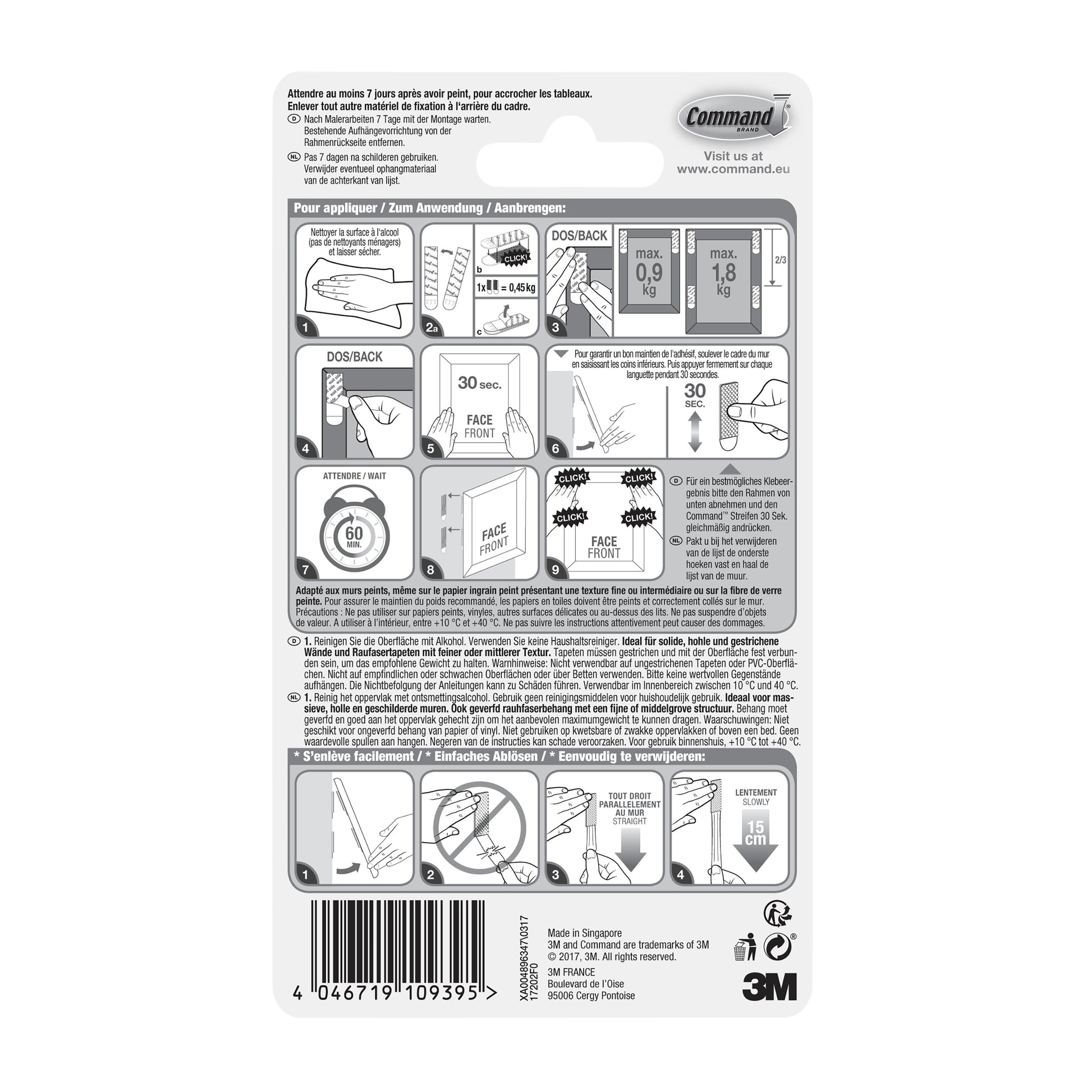 Auf der Rückseite der Packung Kleine weiße Command™ Bilder-Montage Strips S 17202 (1 Stück) von 3M Deutschland GmbH befinden sich bebilderte Anleitungen, Sicherheitshinweise und Produktdetails in mehreren Sprachen. Die Logos von 3M und Command befinden sich oben rechts.