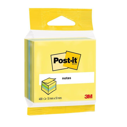 A pack of Post-it® Notes Mini Cubes from 3M Deutschland GmbH contains 400 sheets in the size 51 x 51 mm, has a yellow cover with the brand logo and the image of the notepad, and is made from 100% PEFC-certified paper.