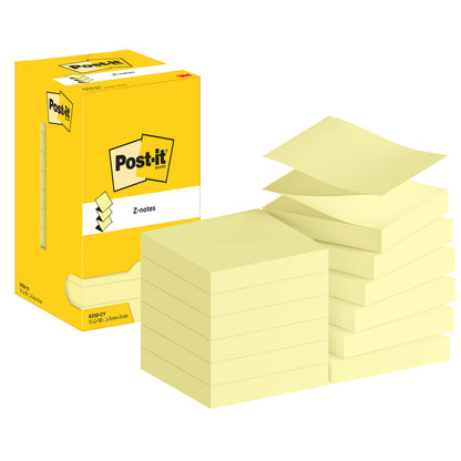 Abgebildet ist ein Stapel Post-it® Super Sticky Z-Notes Promotion, Gelb (76 mm x 76 mm, 100 Blatt/Block) der 3M Deutschland GmbH mit ihrer Kartonverpackung. Der Karton hebt das Post-it-Logo hervor, und ein Blatt ist leicht angehoben.