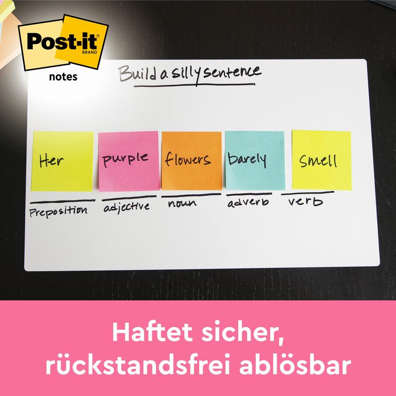A whiteboard shows colorful 3M Post-it® notes (Poptimistic Collection, 38x51mm, 100 sheets/block, 12 blocks/package) with the text "Your purple flowers barely smell" over grammar categories. German text: "Sticks securely, removable without residue."