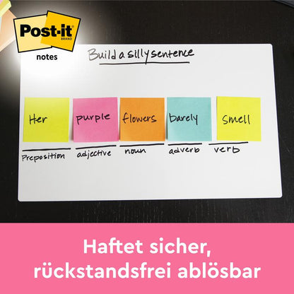 A whiteboard shows colorful 3M Post-it® notes (Poptimistic Collection, 38x51mm, 100 sheets/block, 12 blocks/package) with the text "Your purple flowers barely smell" over grammar categories. German text: "Sticks securely, removable without residue."