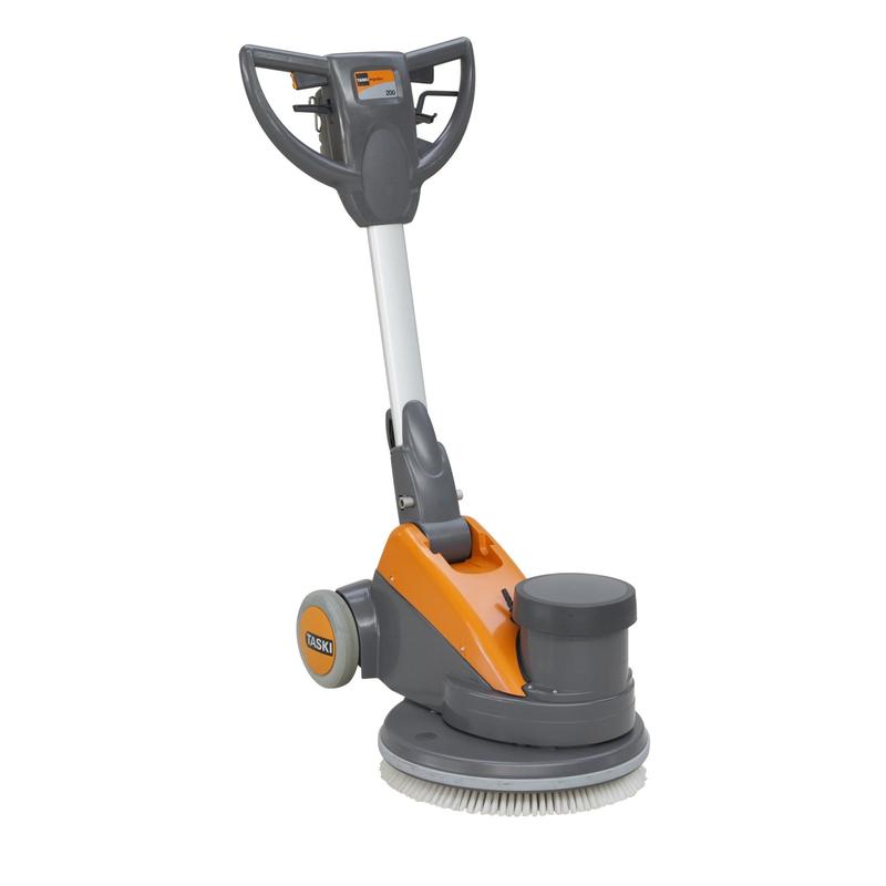 Tá an TASKI ergodisc 200 ó Diversey Deutschland GmbH & Co. OHG, meaisín scrobarnach íseal-luas (200 RPM) atá éifeachtach ó thaobh costais de do gach tasc glantacháin caighdeánach, léirithe i ndathanna liath agus oráiste le rialuithe agus rothaí ar chúlra bán.