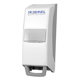 Der Dr. Schnell Spender V10 manuell für Industrie ist ein weißer Wandspender der DR.SCHNELL GmbH & Co. KGaA mit transparentem Sichtfenster und grauem Druckhebel, ideal für Seife oder Desinfektionsmittel, mit blauem Schriftzug auf der Oberseite.