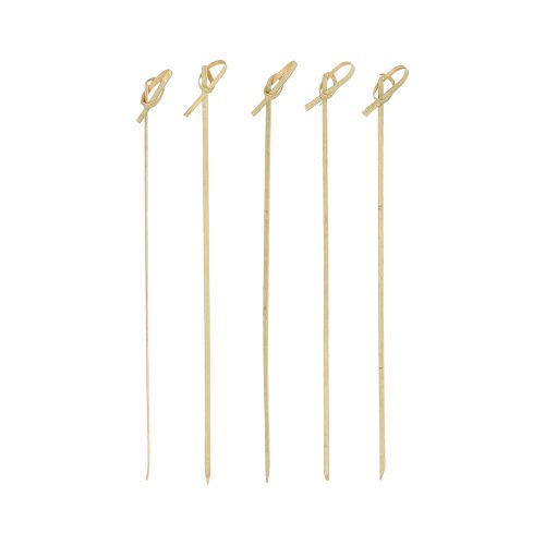 Five PAPSTAR 250 Fingerfood - Picker "pure" cocktail skewers made of bamboo from PAPSTAR GmbH, each with a knotted loop at the top, stand upright against a plain white background.