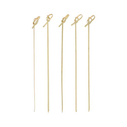 Five PAPSTAR 250 Fingerfood - Picker "pure" cocktail skewers made of bamboo from PAPSTAR GmbH, each with a knotted loop at the top, stand upright against a plain white background.