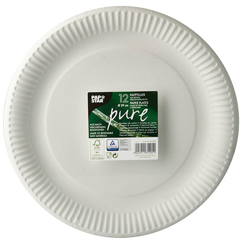A pack of 12 round white PAPSTAR "pure" disposable plates made of recycled cardboard with a textured edge. The top label shows product details and the brand of PAPSTAR GmbH, emphasizing the environmentally friendly design.