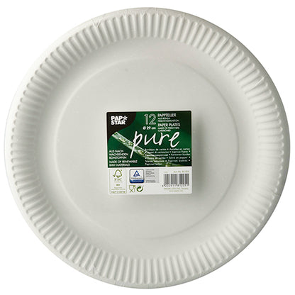 A pack of 12 round white PAPSTAR "pure" disposable plates made of recycled cardboard with a textured edge. The top label shows product details and the brand of PAPSTAR GmbH, emphasizing the environmentally friendly design.