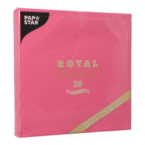 Eine Packung PAPSTAR 20 Servietten "ROYAL Collection" 1/4-Falz (40x40 cm) von PAPSTAR GmbH in rosa mit goldener und weißer Schrift - ideal für schicke Tischdekorationen.
