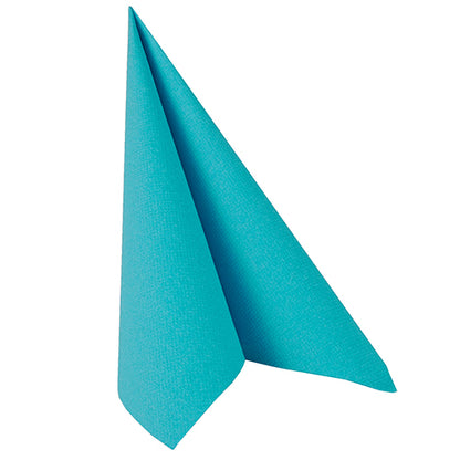 A PAPSTAR GmbH 50 napkins "ROYAL Collection" 1/4 fold 40 x 40 cm napkin in turquoise, neatly folded into a standing triangle shape with sharp edges, depicted on a white background.