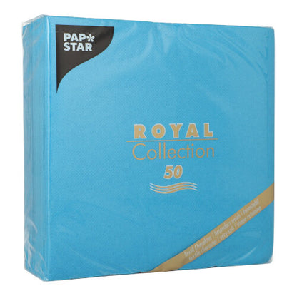 A clearly packaged PAPSTAR GmbH 50 napkins "ROYAL Collection" 1/4 fold, 40 x 40 cm, turquoise blue packaging with silver and gold lettering.
