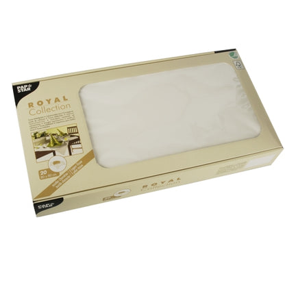 A rectangular box with the label “ROYAL Collection” from PAPSTAR GmbH contains 20 ivory-colored silk table runners (80 x 80 cm) in beige packaging with a set dining table visible through a clear window – ideal for elegant table decoration.