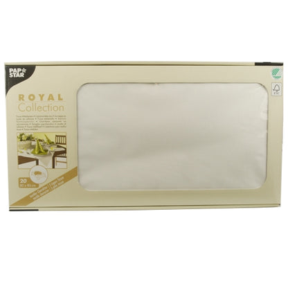 A beige box from PAPSTAR GmbH with the label “ROYAL Collection” contains 20 white tissue table runners (80 x 80 cm), partially visible through a front window on the packaging.