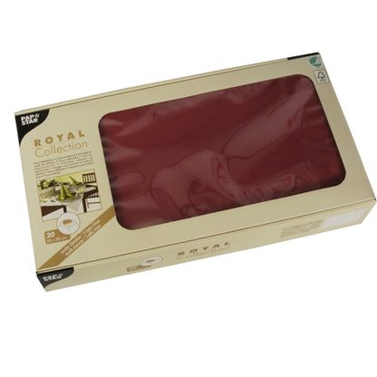 A beige rectangular box with the label "PAPSTAR 20 table runners, tissue ROYAL Collection" from PAPSTAR GmbH presents red napkins through a transparent window at the top, ideal for table decoration. The packaging contains 20 napkins in the format 80 x 80 cm.