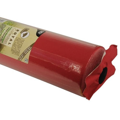 A close-up of a rolled tablecloth from PAPSTAR GmbH, tissue "ROYAL Collection", shows the attached label and highlights the textured, shiny surface of this premium tablecloth from PAPSTAR.