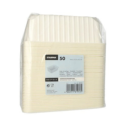 A transparent plastic packaging contains 50 white, rectangular Starpak packaging cups (1 l, 6.3 x 18.6 x 13.3 cm, PP) for food storage. The light blue front label displays the Starpak brand and product details in multiple languages.