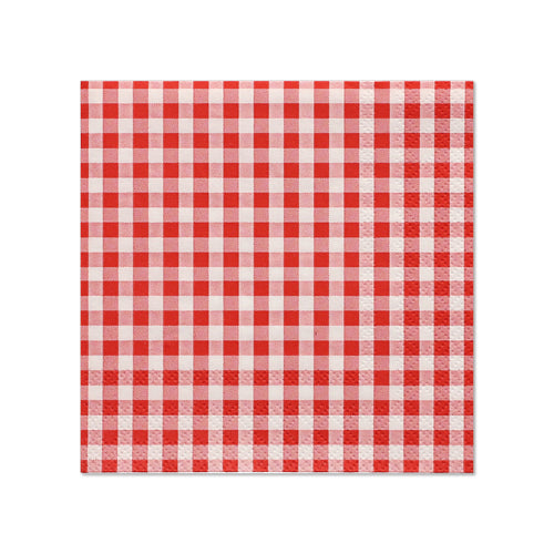 PAPSTAR 20 napkins from PAPSTAR GmbH: three-ply, square napkins in 25 x 25 cm format with a red-white gingham pattern, photographed on a plain white background.
