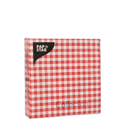 A pack of 20 napkins from PAPSTAR GmbH, 25x25 cm, three-ply and 1/4 folded, with a red-white checkered design in a plastic package.