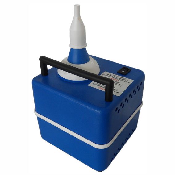 The PAPSTAR GmbH Electric Balloon Pump 400 Watt, ideal for parties, is a blue, box-shaped balloon pump with a black handle, white nozzle, power switch, and ventilation holes on a white background.