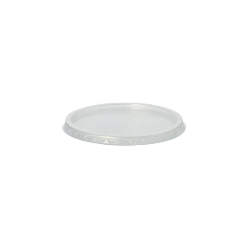 The Starpak 100 lid for packaging cups is a transparent, flat PP lid (Ø 10.1 cm · 0.8 cm) with a raised edge for round containers, shown in the oblique side view on a white background. Package contains 100 pieces.
