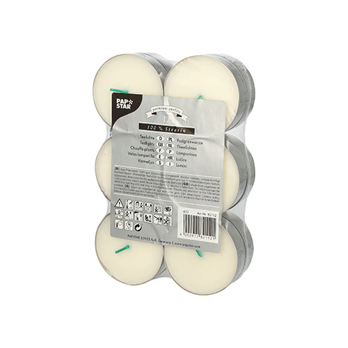 Tá pacáiste trédhearcach, séalaithe le 12 coinneal mhór bhána PAPSTAR (Ø 59 mm, 100% stearín) feistithe le dochtanna glasa, siombailí sábháilteachta, faisnéis táirge agus lógó na PAPSTAR GmbH chun an t-am dóite fada a chur chun cinn.