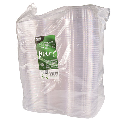 Tá pacáiste séalaithe le 50 babhlaí bia agus sailéid le clúdaigh flapacha, "pure" PLA soiléir criostail, déanta ag an gcuideachta PAPSTAR GmbH, a bhfuil airíonna in-bhithmhillte agus in-dhíghrádaithe PLA aige le haghaidh úsáid cairdiúil don chomhshaol.