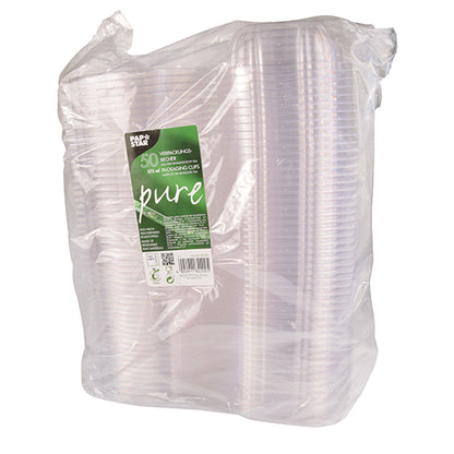 Tá pacáiste séalaithe le 50 babhlaí bia agus sailéid le clúdaigh flapacha, "pure" PLA soiléir criostail, déanta ag an gcuideachta PAPSTAR GmbH, a bhfuil airíonna in-bhithmhillte agus in-dhíghrádaithe PLA aige le haghaidh úsáid cairdiúil don chomhshaol.