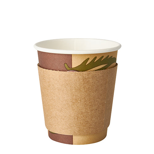 The PAPSTAR sleeves for hot beverage cups "pure", brown, Ø 7.3 cm (100 pieces, dispenser box) from PAPSTAR GmbH offer brown covers for hot beverage cups - ideal for safe handling and a stylish look on a plain white background.
