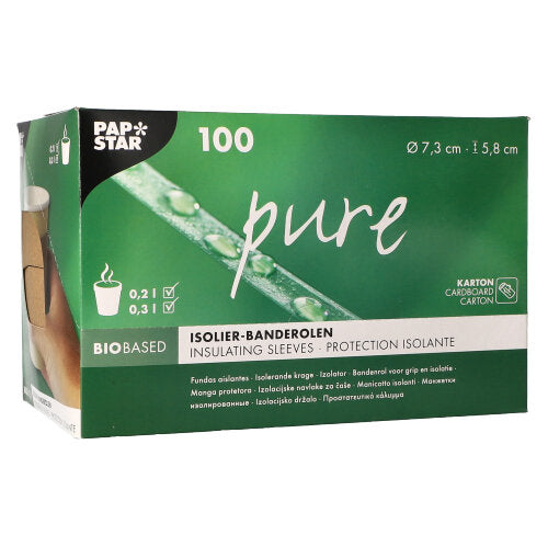 A green-white dispenser box from PAPSTAR GmbH contains 100 "pure" brown sleeves for hot beverage cups (Ø 7.3 cm), with product information and symbols on the packaging.