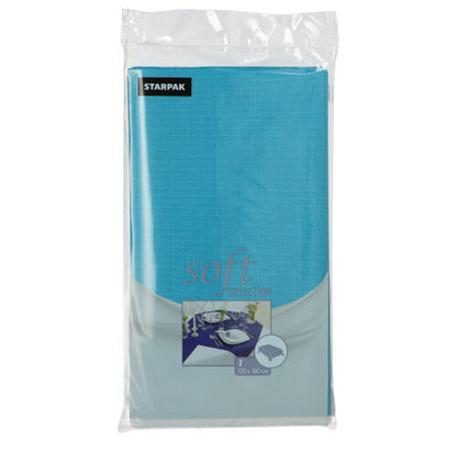 Die Starpak Tischdecke „Soft Selection“ (120 x 180 cm) wird in einer versiegelten Verpackung aus transparentem Kunststoff geliefert. Das Etikett zeigt ein Tischgedeck und Produktdetails. Marke: Starpak.