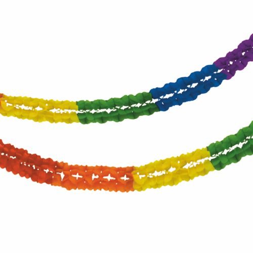 Two PAPSTAR large room paper garlands (flame retardant, Ø16 cm, 10 m) from PAPSTAR GmbH captivate with bright, repeating colors and are draped on a white background – ideal for vibrant decorations.