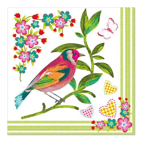 Na PAPSTAR 20 napcín, 33x33 cm, 3-shraith ó PAPSTAR GmbH taispeáin éan ildaite ar bhrainse duilleach le bláthanna bándearga agus buí, féileacáin, croíthe agus teorainn patrún glas ar dhá thaobh.