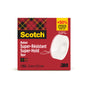 Eine Schachtel Scotch® Super-Hold Secure Tape (1 Rolle, 19 mm x 25,4 m) von 3M Deutschland GmbH zeigt transparentes Klebeband für transparente Klebeverbindungen in roter Verpackung mit gelbem und schwarzem Karo sowie Angaben in Englisch und Französisch.