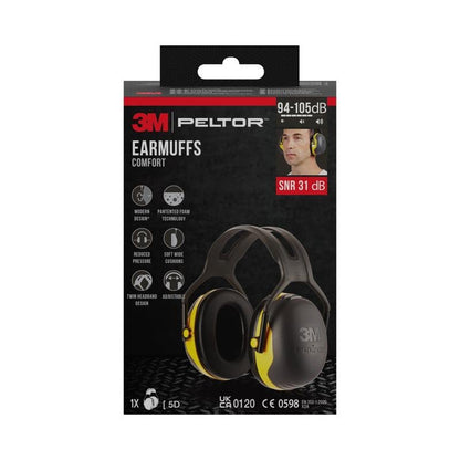 Front view of a box from 3M Deutschland GmbH for the 3M™ PELTOR™ Comfort Earmuffs with the earmuffs, SNR value of 31 dB, the person wearing the earmuffs, and the black, yellow, and red accents.