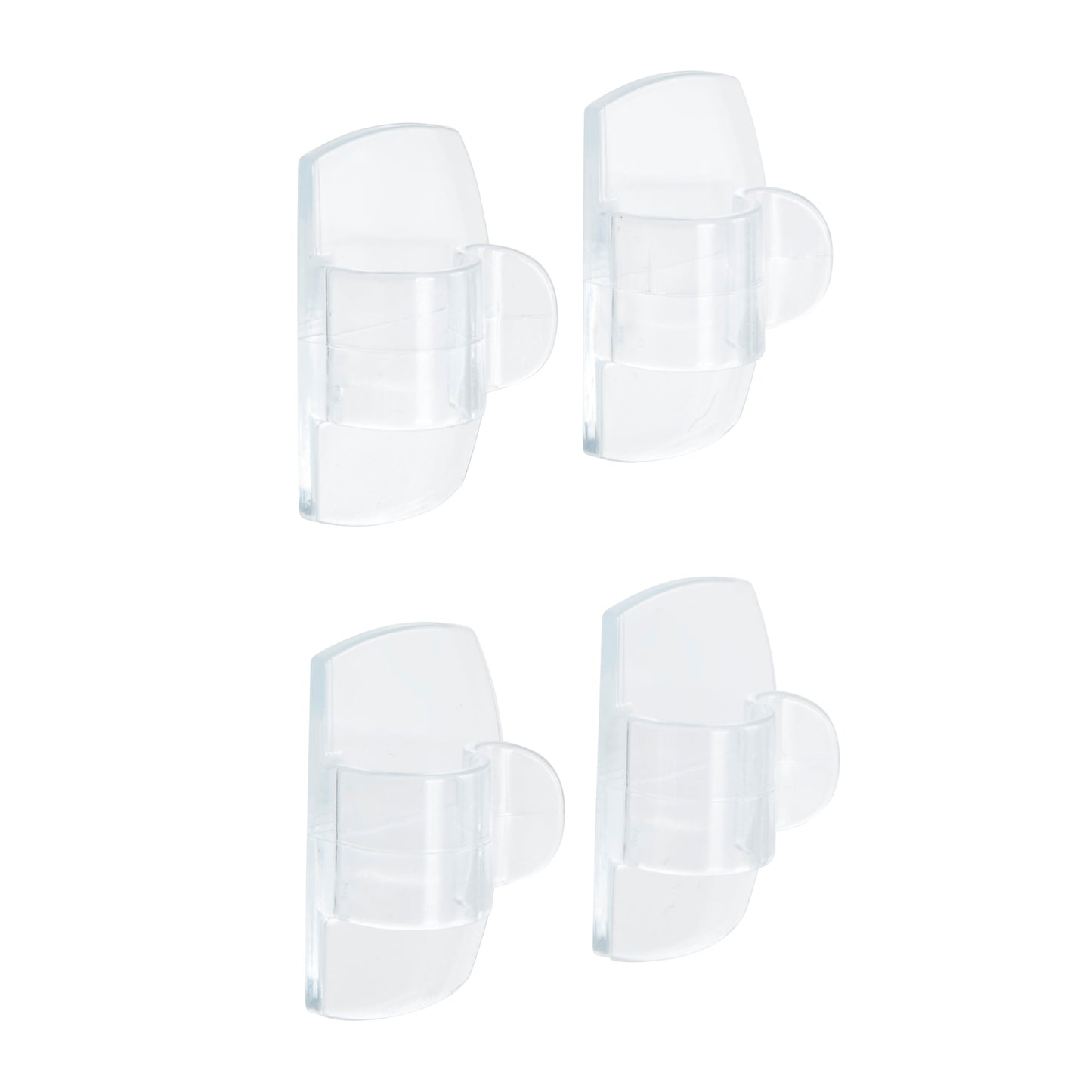 Four Command™ transparent clips for round cables, 17017CLR from 3M Deutschland GmbH, are arranged in two rows on a white background, each with a rounded front and a flat back for easy wall mounting and cable management.
