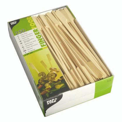 A partially opened box containing 250 PAPSTAR "Golf" 21 cm Skewers (Cardboard Tray) by PAPSTAR GmbH. The green-and-white packaging displays product information—ideal for BBQs, grill parties, or catering events.